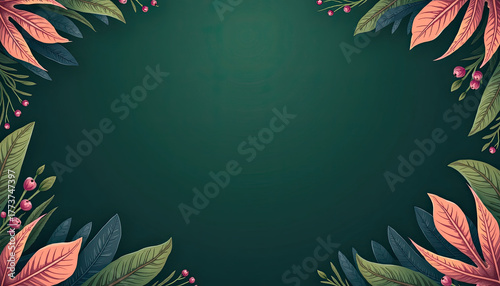 Lush green and peach leaves with red berries artfully frame a dark desktop background, creating a beautiful organic wallpaper.