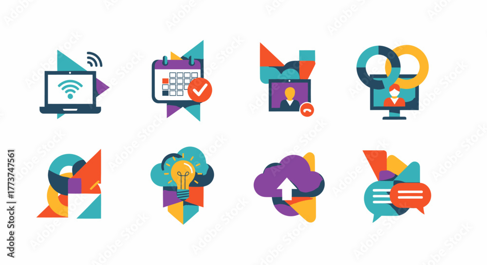 Fototapeta premium Modern vibrant icons representing digital communication, project planning, and cloud collaboration for innovative business solutions and creative workflow