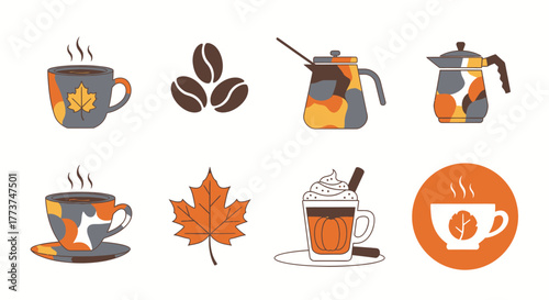 Cozy autumn vibes with coffee beans, pumpkin spice latte, and vibrant fall leaves for warm seasonal designs and creative holiday projects, perfect for thanksgiving