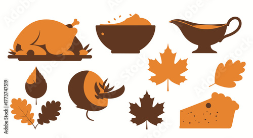 Celebrate fall harvest with a festive Thanksgiving feast featuring turkey, mashed potatoes, pumpkin pie, and colorful autumn leaves. Perfect for holiday designs!