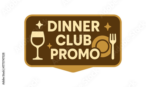 Flat vector banner design text DINNER CLUB PROMO supporting icons of wine glass plate and fork dark gold and cream palette