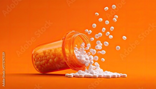 Orange pill bottle spilling white pills on orange background