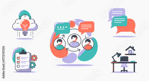 Streamline workflow with vibrant 3D icons representing team collaboration, brainstorming, project management, and remote work, perfect for modern business needs