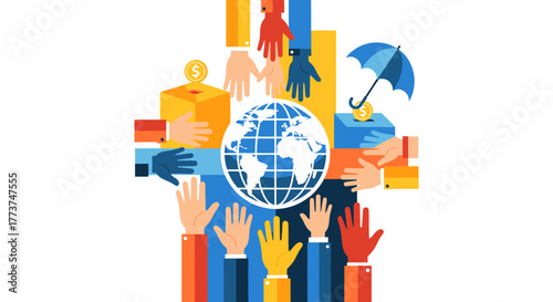 Colorful hands unite around the world to protect and donate, symbolizing global community support, charity, and financial security for a better future