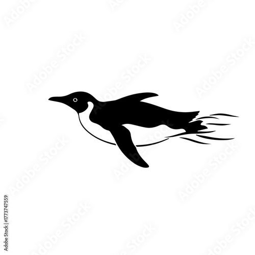Black and white illustration of a penguin swimming underwater, showcasing its streamlined form.
