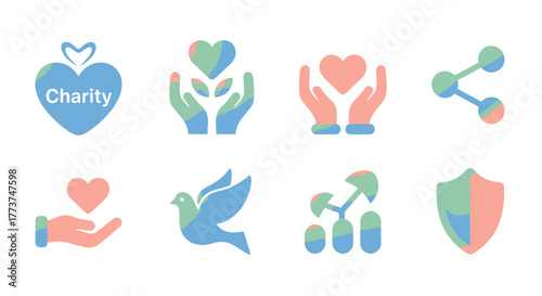 Support nonprofit organizations with these vibrant icons representing charity, sharing, growth, and protection, perfect for social media campaigns