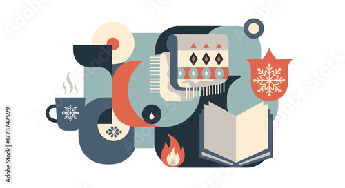 Cozy winter scene with warm drink, blanket, and open book in a modern geometric style, perfect for seasonal promotions and holiday designs
