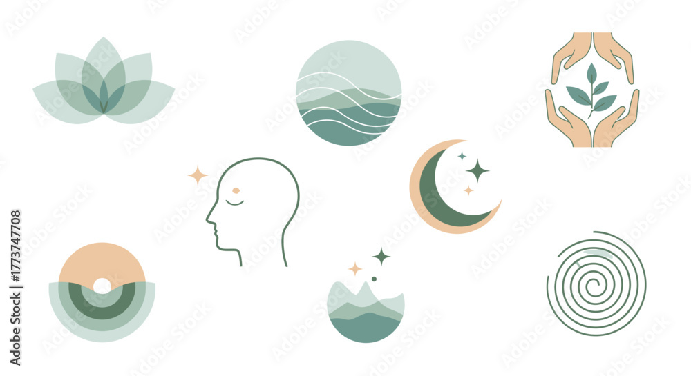 Fototapeta premium Find inner peace and harmony with these calming wellness and spiritual vector icons, perfect for mindfulness and meditation apps or yoga studio branding