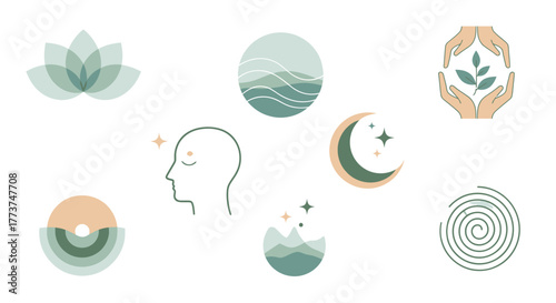 Find inner peace and harmony with these calming wellness and spiritual vector icons, perfect for mindfulness and meditation apps or yoga studio branding