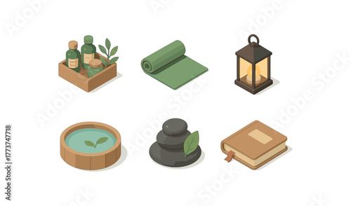 isometric icon items isolated on white background healing season herbal kit healing season therapy mat healing season lighting lantern healing season spa pool healing season meditation