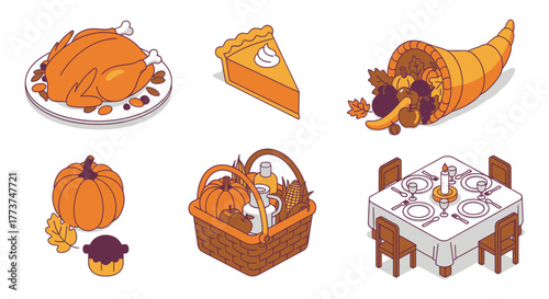 Enjoy festive Thanksgiving dinner with delicious turkey, pumpkin pie, and vibrant autumn harvest decorations for a joyful holiday celebration