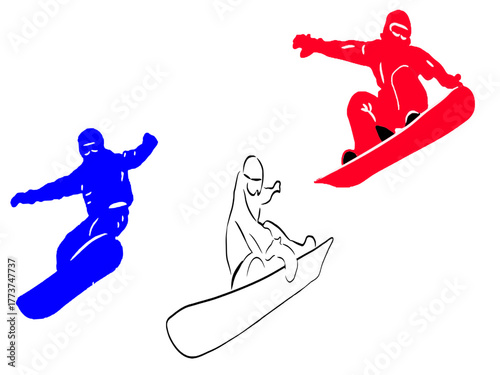 Hand drowning Snowboard icons vector set. Extreme winter sports outline and silhouette graphics of a man riding a snowboard.