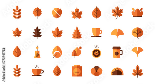 Celebrate Autumn with this collection of cute fall leaves and cozy coffee icons, perfect for seasonal designs and cheerful branding projects