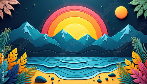 Colorful paper cut art featuring mountains, ocean waves, sandy beach, and lush tropical leaves creates an ideal desktop background wallpaper.