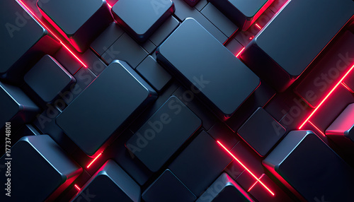 Dark abstract geometric blocks with glowing red light streaks form an engaging digital pattern for a modern desktop background wallpaper.
