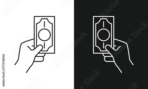 Hand Holding Banknote Line Art Icon, Minimalist Symbol for Payment, Cash Transaction, and Finance, Modern Vector Graphic for Banking, Currency, and Purchase, Black and White Versions.