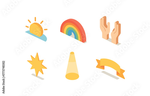 isometric icon items isolated on white background hopefulness rising sun icon hopefulness rainbow arc hopefulness uplifted hands hopefulness starburst emblem hopefulness lightbeam shaft