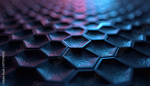 Dark textured hexagonal shapes glow with vibrant blue and magenta light, forming a captivating modern digital desktop background wallpaper.