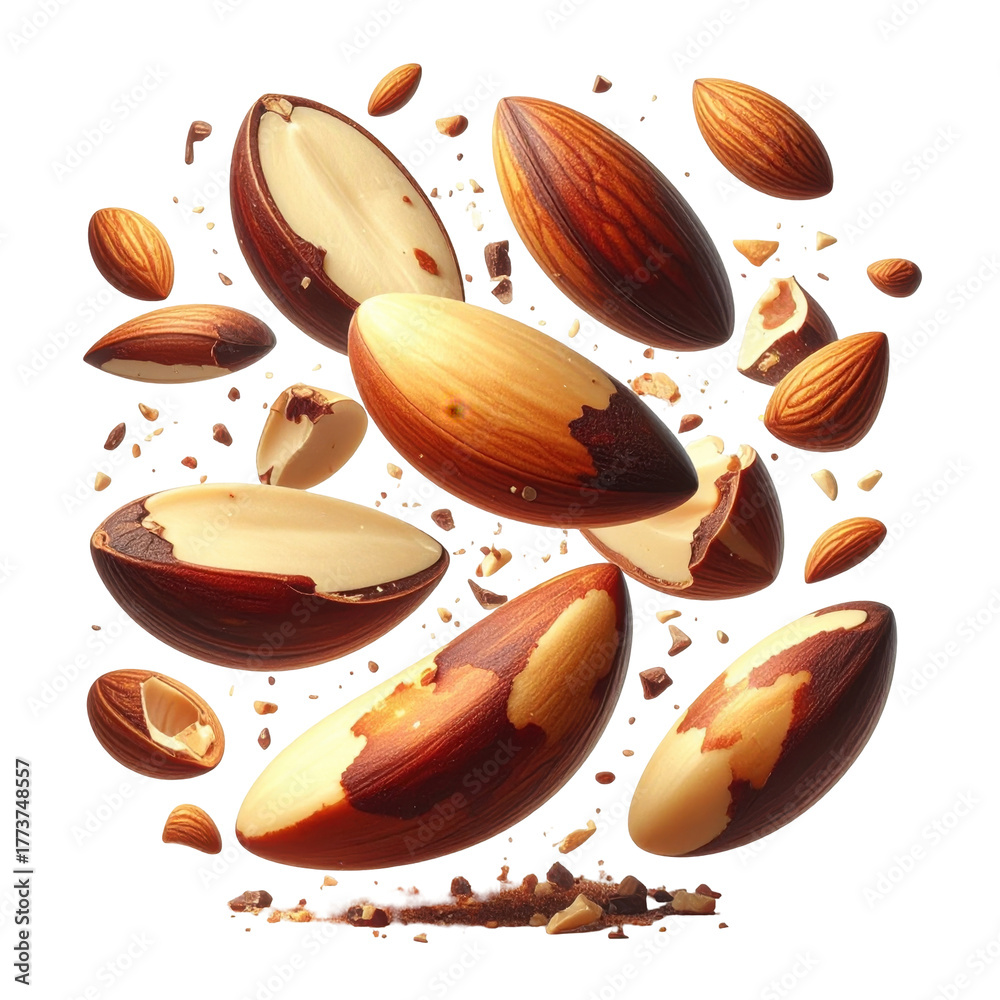 Fototapeta premium Flying Almond Pieces with Cracked Shells Displaying Textures and Colors on Transparent Background
