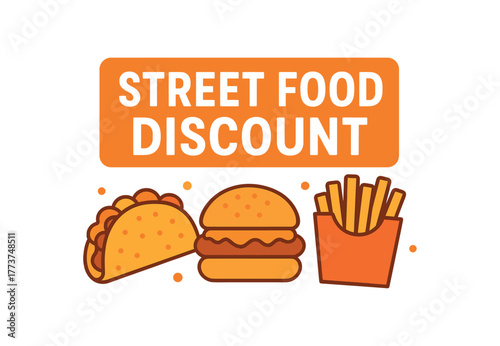 Flat vector banner design text STREET FOOD DISCOUNT supporting icons of taco and fries orange and palette