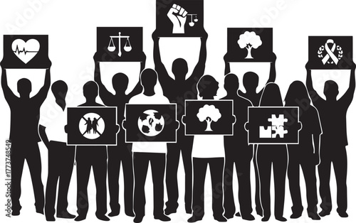 Diverse group of people holding signs with symbols of social causes international volunteer day