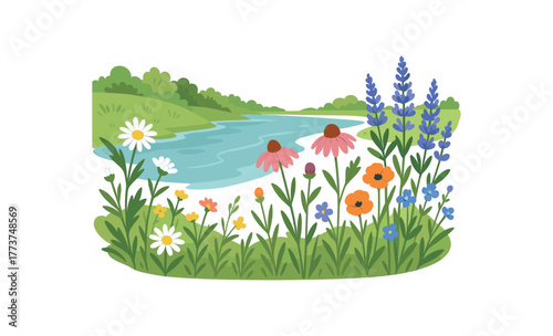 wildflowers along riverside natural habitat and blooming ecosystem flat vector illustration style isolated on white background