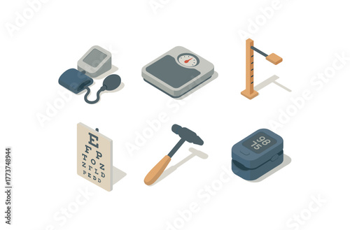 isometric icon items isolated on white background checkup blood pressure cuff checkup weighing scale checkup height chart checkup visual acuity chart checkup reflex hammer checkup pulse