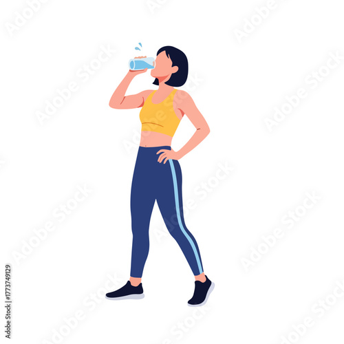 Woman in athletic wear drinking water from a bottle, isolated on white background