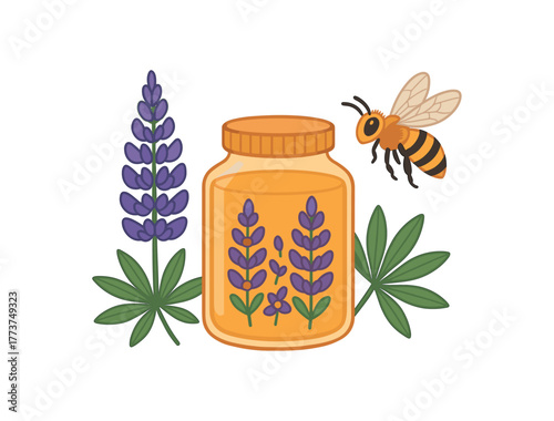 lupine infused honey natural product and pollinator relationship flat vector illustration style isolated on white background