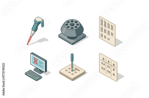 isometric icon items isolated on white background geneticist pipette controller geneticist centrifuge rotor geneticist karyotype chart geneticist bioinformatics workstation geneticist gene