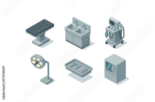 isometric icon items isolated on white background surgical suite surgical table surgical suite scrub sink station surgical suite anesthesia machine surgical suite surgical light surgical