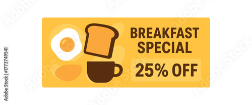 Flat vector banner design text BREAKFAST SPECIAL 25% OFF supporting icons of egg bread and cup and brown tones