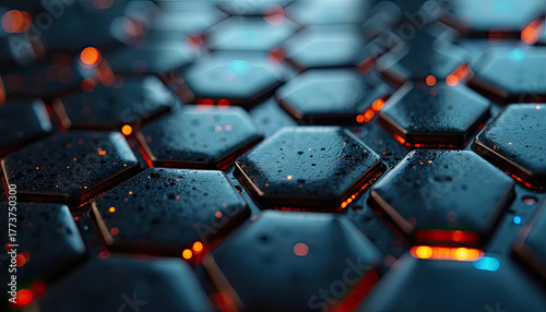 Abstract dark hexagons with vibrant orange and blue light create a high tech digital design, ideal for a contemporary desktop background wallpaper.