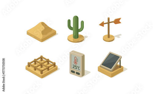 isometric icon items isolated on white background desert sand dune model desert cactus specimen desert wind vane desert stabilization mesh desert temperature logger desert solar still
