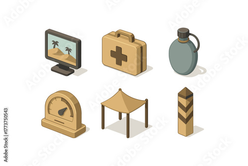 isometric icon items isolated on white background desert mirage simulator desert survival kit desert water bladder desert eroder gauge desert sun shade canopy desert boundary marker