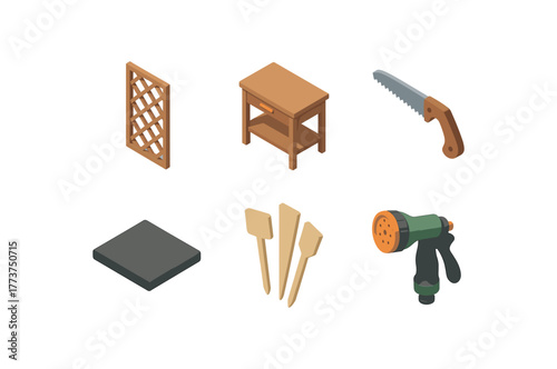 isometric icon items isolated on white background gardening trellis panel gardening potting bench gardening pruning saw gardening mulch layer gardening plant label stakes gardening hose