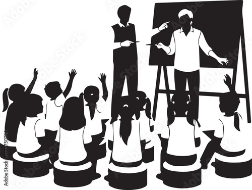 Diverse group of children enthusiastically participating in an educational lesson with teachers