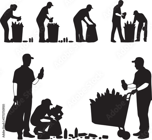 International volunteer day silhouette scenes of people collecting litter and recycling together