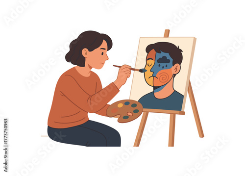 person painting their emotions on canvas self expression and emotional awareness concept flat vector illustration style isolated on white background