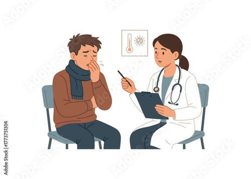 doctor diagnosing patient with flu seasonal illness and healthcare consultation flat vector illustration style isolated on white background