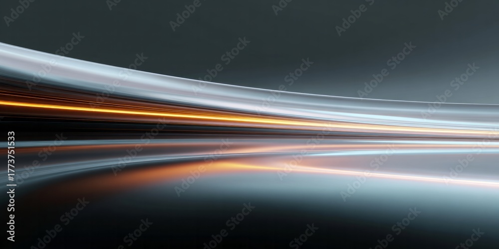 Fototapeta premium Streaks of orange light curve across a reflective, metallic surface.