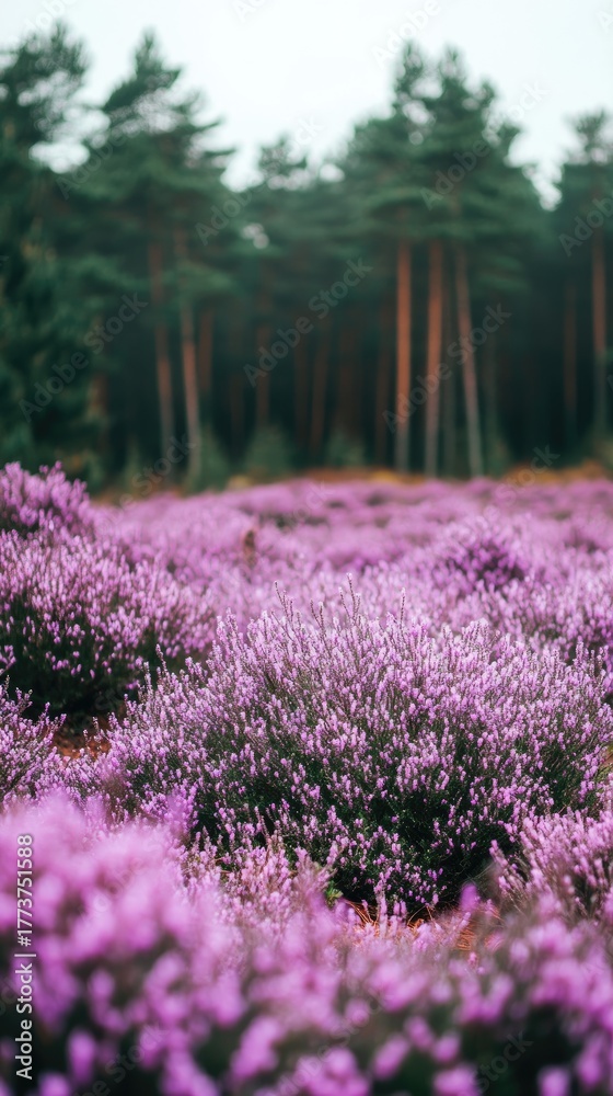Obraz premium A breathtaking pine forest blanketed in vibrant purple flowers during a serene morning light