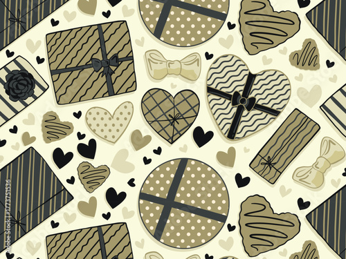 Seamless pattern different New Year, birthday gifts. Stars, dots. Wrapping paper pattern, bows and ribbons. Hand drawn Doodle New Year or Birthday gift boxes. Vector illustration. 