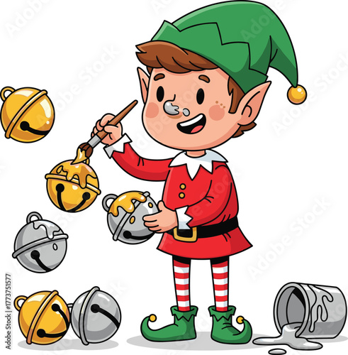 Cute Christmas elf painting jingle bells with gold paint, wearing red outfit and green hat, cheerful holiday workshop cartoon illustration