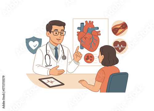 cardiologist explaining heart disease diagnosis cardiovascular healthcare and prevention flat vector illustration style isolated on white background