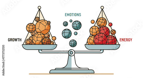 Balance scales with geometric spheres representing growth, energy, emotions
