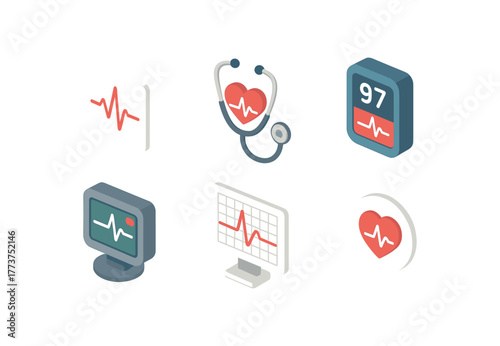 isometric icon items isolated on white background heartbeat ECG waveform heartbeat stethoscope trace heartbeat pulse oximeter reading heartbeat monitor alarm heartbeat rhythm graph