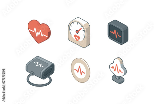 isometric icon items isolated on white background heartbeat heart rate variability chart heartbeat analog dial pulse meter heartbeat LED pulse indicator heartbeat blood pressure cuff