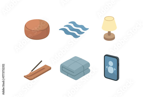 isometric icon items isolated on white background calm meditation cushion calm ocean waves sound calm ambient light lamp calm incense diffuser calm weighted blanket calm breathing guide app