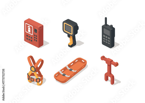 isometric icon items isolated on white background firefighter fire extinguisher panel firefighter thermal imaging camera firefighter radio handset firefighter safety harness firefighter